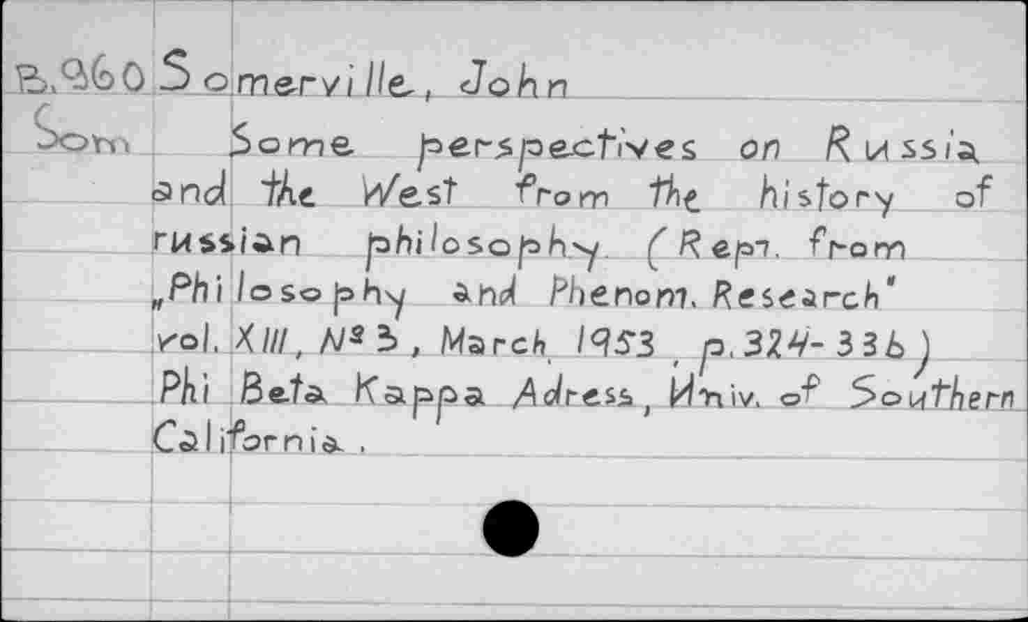 ﻿B'QsGO S omervi He., John
S>om Some perspectives on Russia «and "the West from fhf history of rKssiAn philoso|oh>y.	frorn
„Phi loso joh'y Phenom. Research"
iv, of Southern